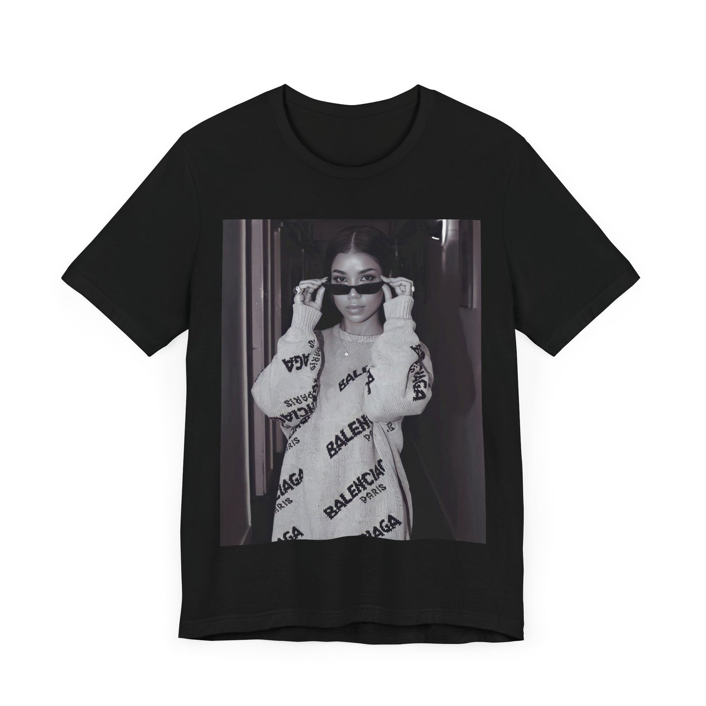 A black graphic t-shirt featuring a black and white, monochrome graphic or photo of Jhene Aiko.