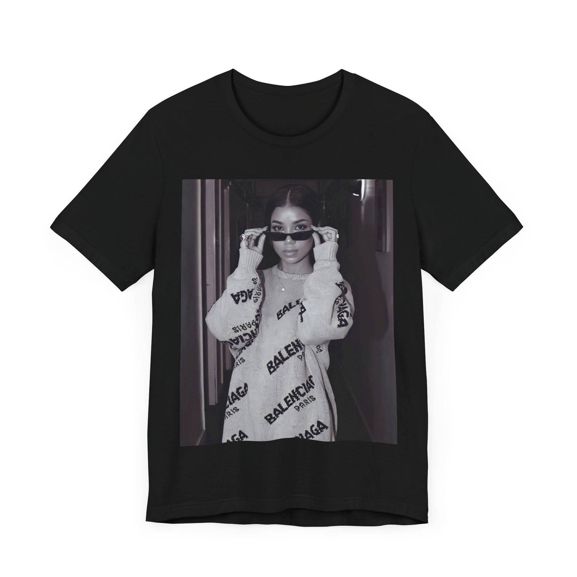 A black graphic t-shirt featuring a black and white, monochrome graphic or photo of Jhene Aiko.
