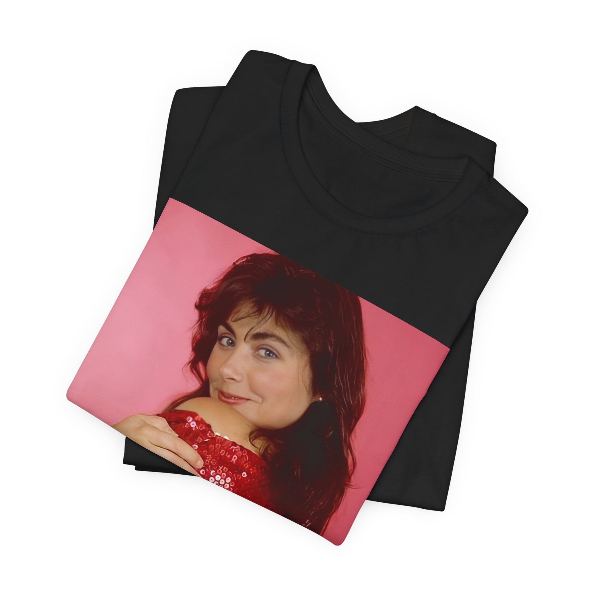 A black graphic t-shirt featuring a vintage graphic related to Laura Branigan's 'Self Control' song or era.