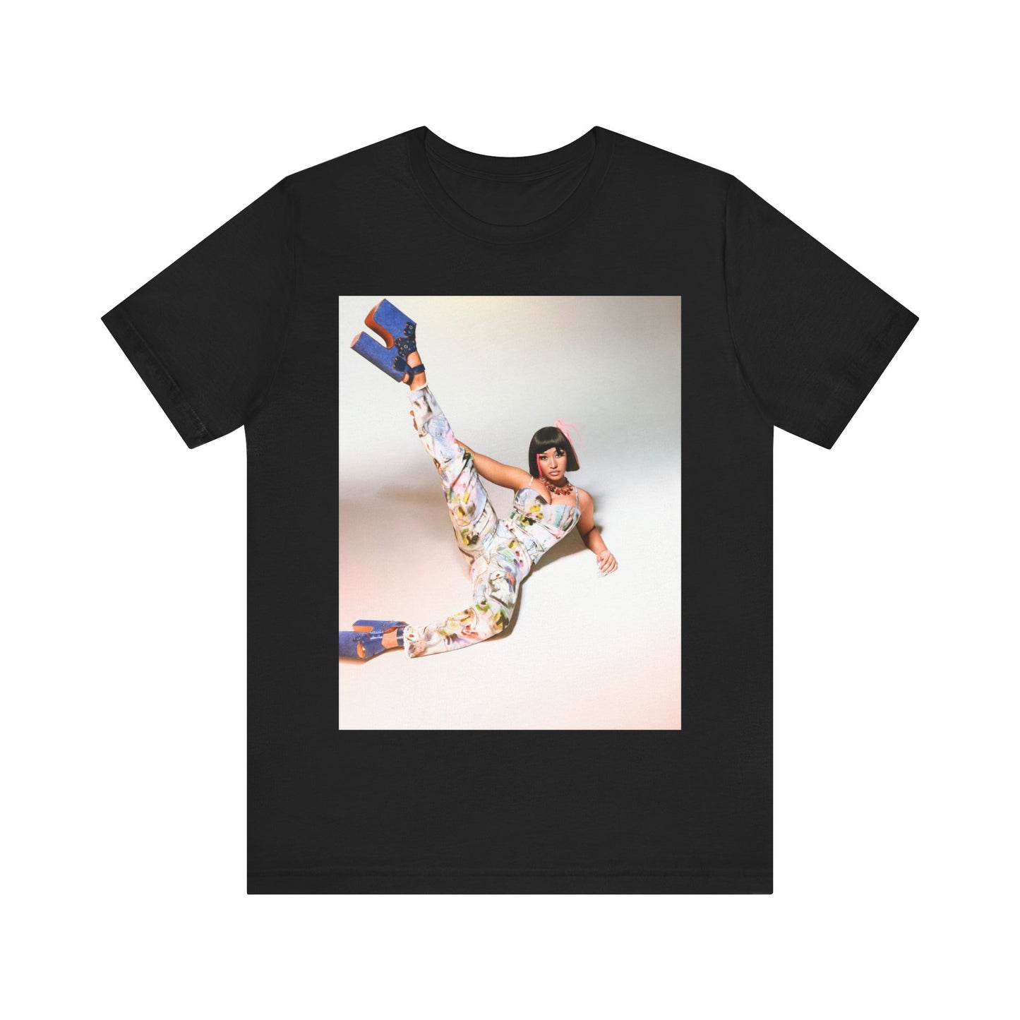 A black graphic t-shirt featuring a graphic of Nicki Minaj as a global fashion rap queen.