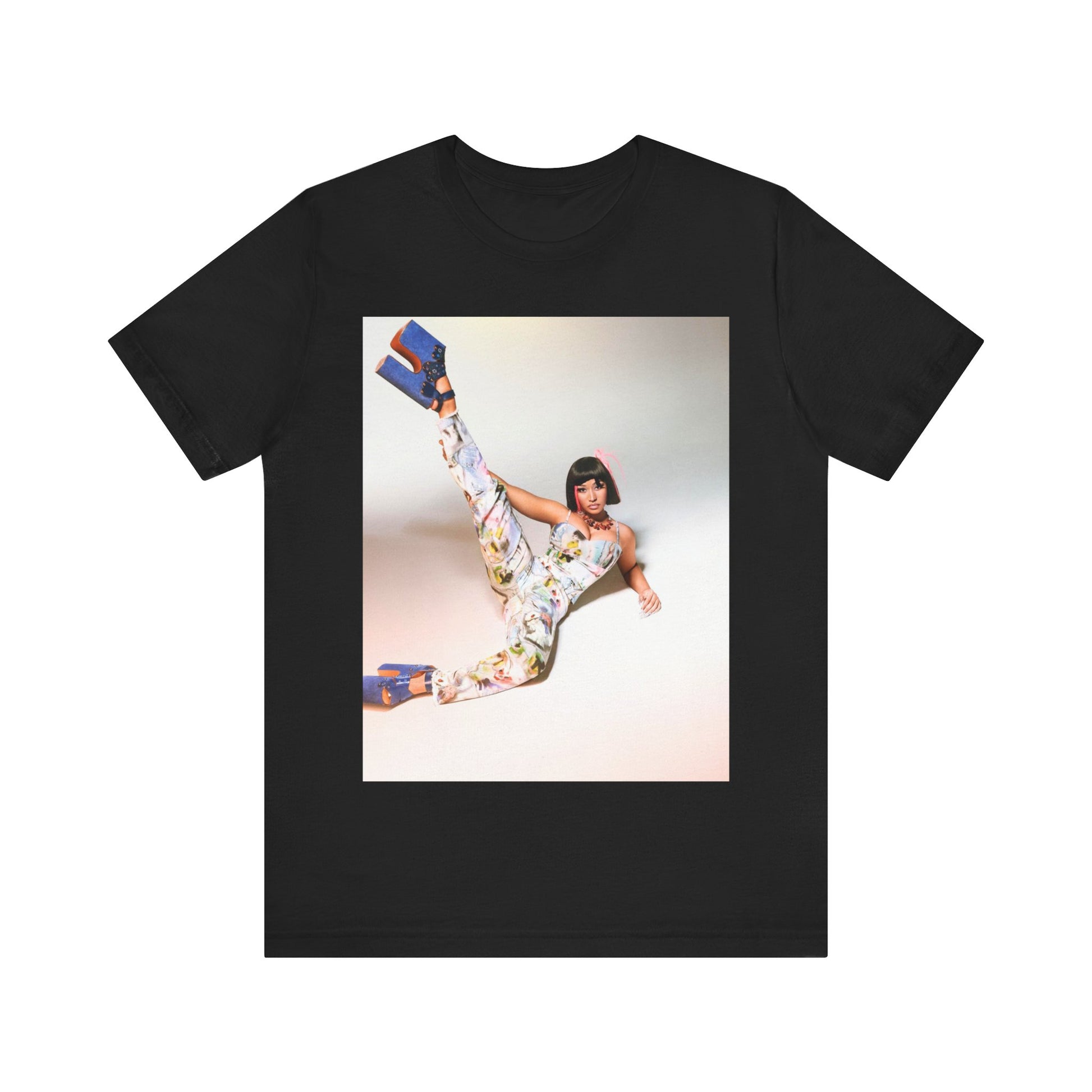 A black graphic t-shirt featuring a graphic of Nicki Minaj as a global fashion rap queen.