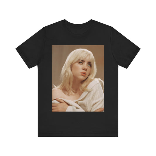 The iconic visual of Billie Eilish with black tears streaming down her face from the 'when the party's over' music video, printed on a t-shirt.