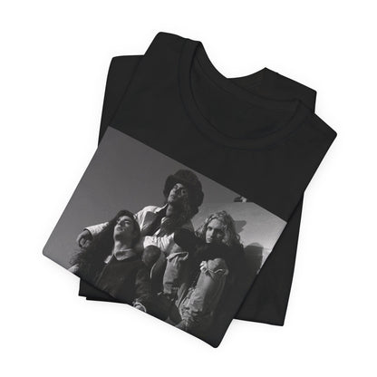 A black graphic t-shirt featuring a 90s black and white photographic portrait of the band Alice In Chains, capturing their iconic grunge look.