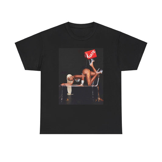 A black graphic t-shirt featuring a graphic related to Megan Thee Stallion's 'Pressurelicious' era.