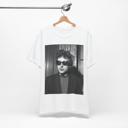 A black graphic t-shirt featuring a graphic related to Bob Dylan's 'The Freewheelin' album era.