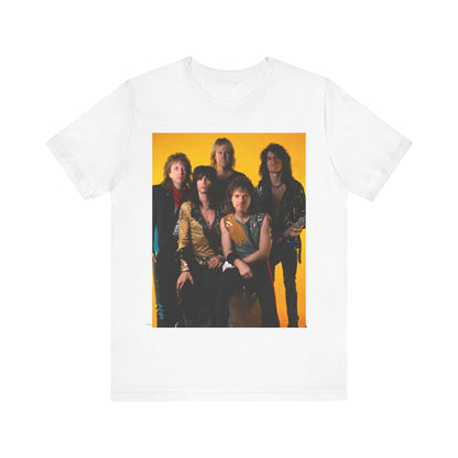 A black graphic t-shirt featuring a band photo of Aerosmith from the 1980s, showing the members in their iconic styles from that decade.