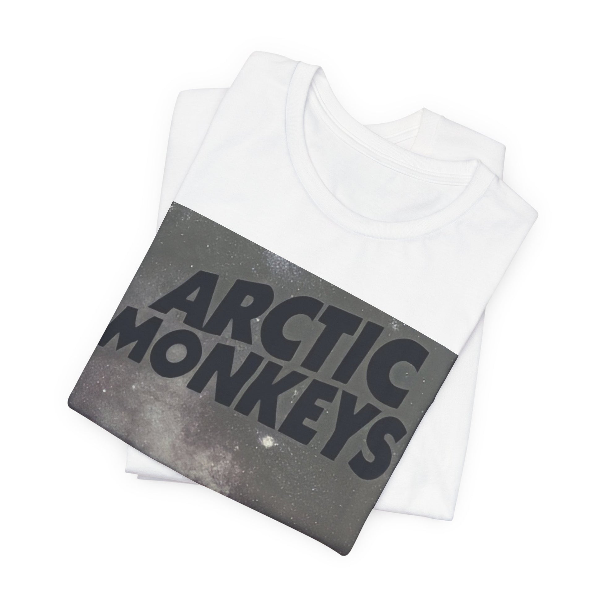 A black graphic t-shirt featuring an artistic or aesthetic graphic of the Arctic Monkeys band.