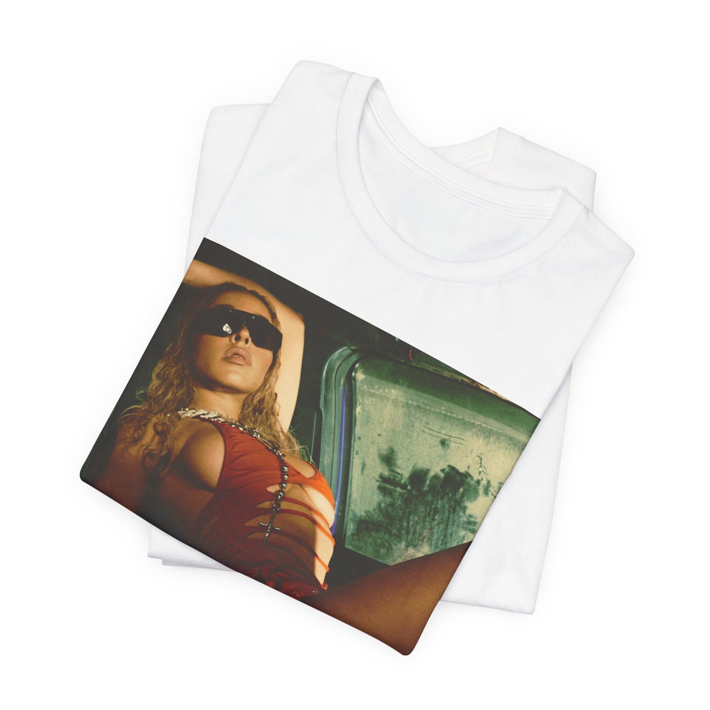 A black graphic t-shirt featuring a graphic of Tinashe as a hot R&B superstar.