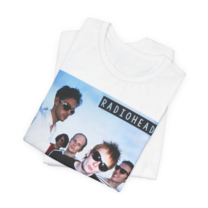 A black graphic t-shirt featuring a vintage alt rock graphic of Radiohead.