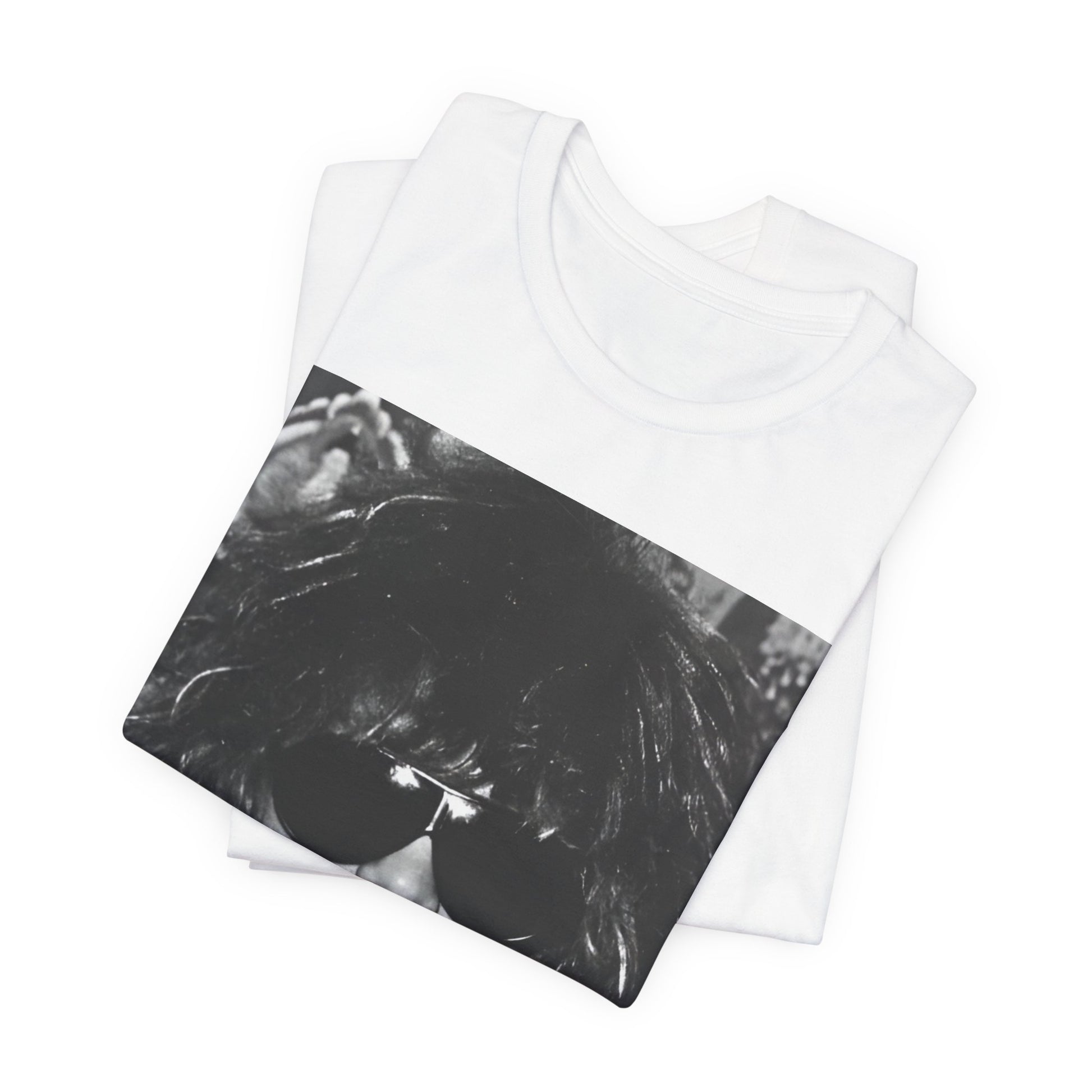 A black graphic t-shirt featuring a graphic or photo of Bon Jovi in a backstage setting.