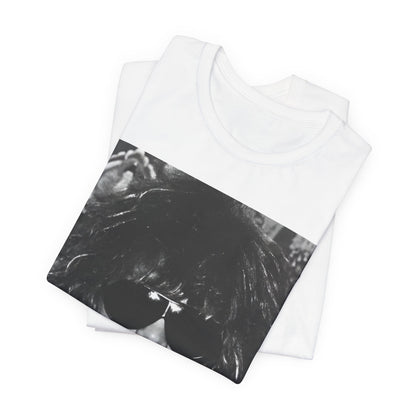 A black graphic t-shirt featuring a graphic or photo of Bon Jovi in a backstage setting.