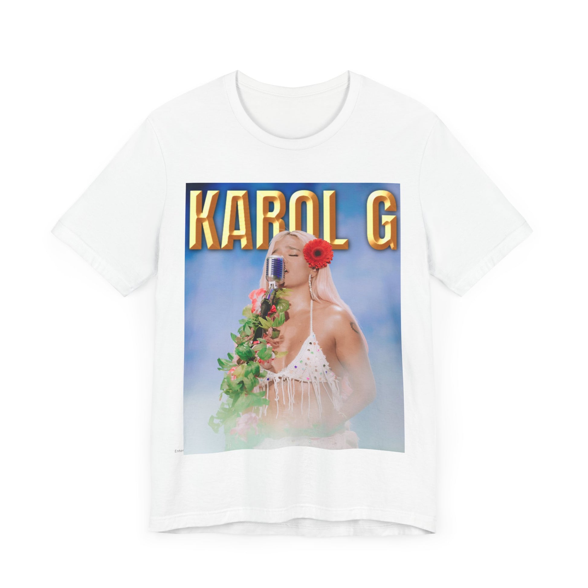 A black graphic t-shirt featuring a graphic of Karol G as a classic Latin pop queen.