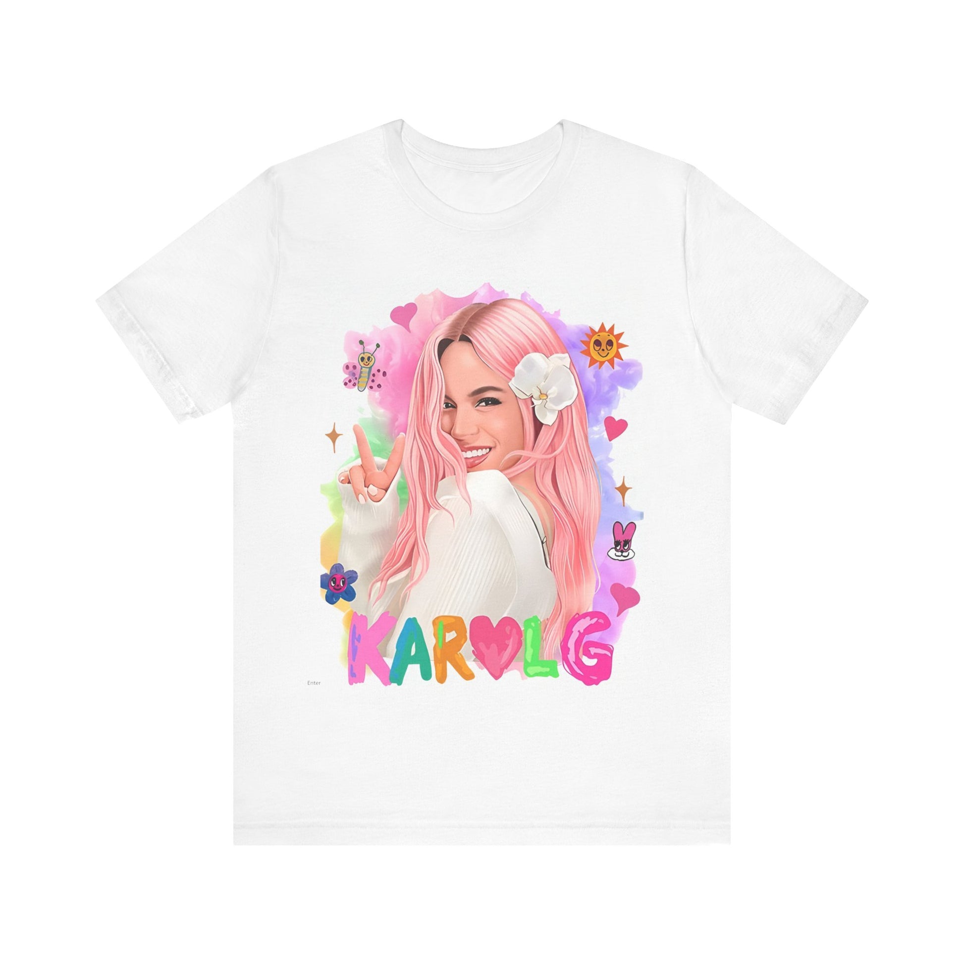 A black graphic t-shirt featuring a vintage graphic of Karol G, emphasizing her 'Bichota' persona.