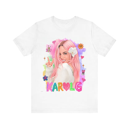 A black graphic t-shirt featuring a vintage graphic of Karol G, emphasizing her 'Bichota' persona.
