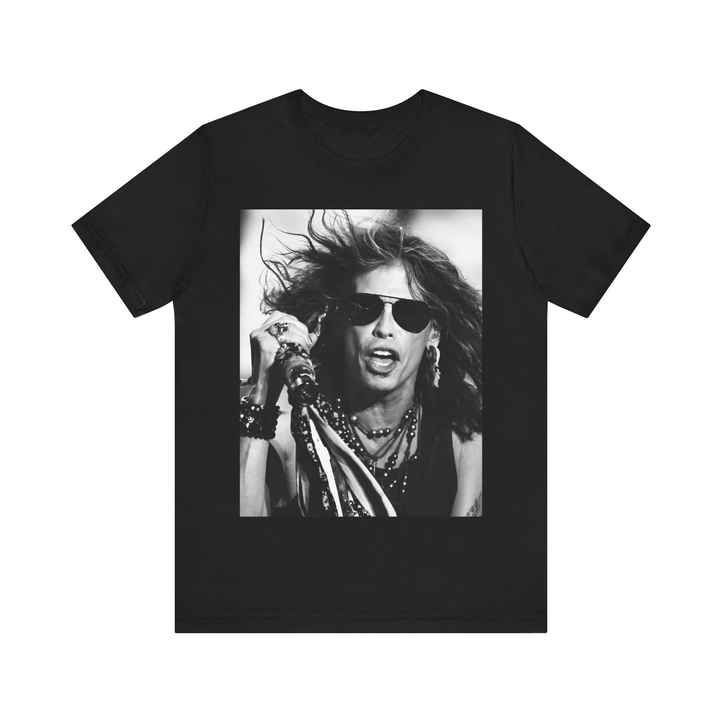 A black graphic t-shirt featuring a black and white photo of Aerosmith's Steven Tyler with his signature scarf and microphone, captured during a dynamic performance.