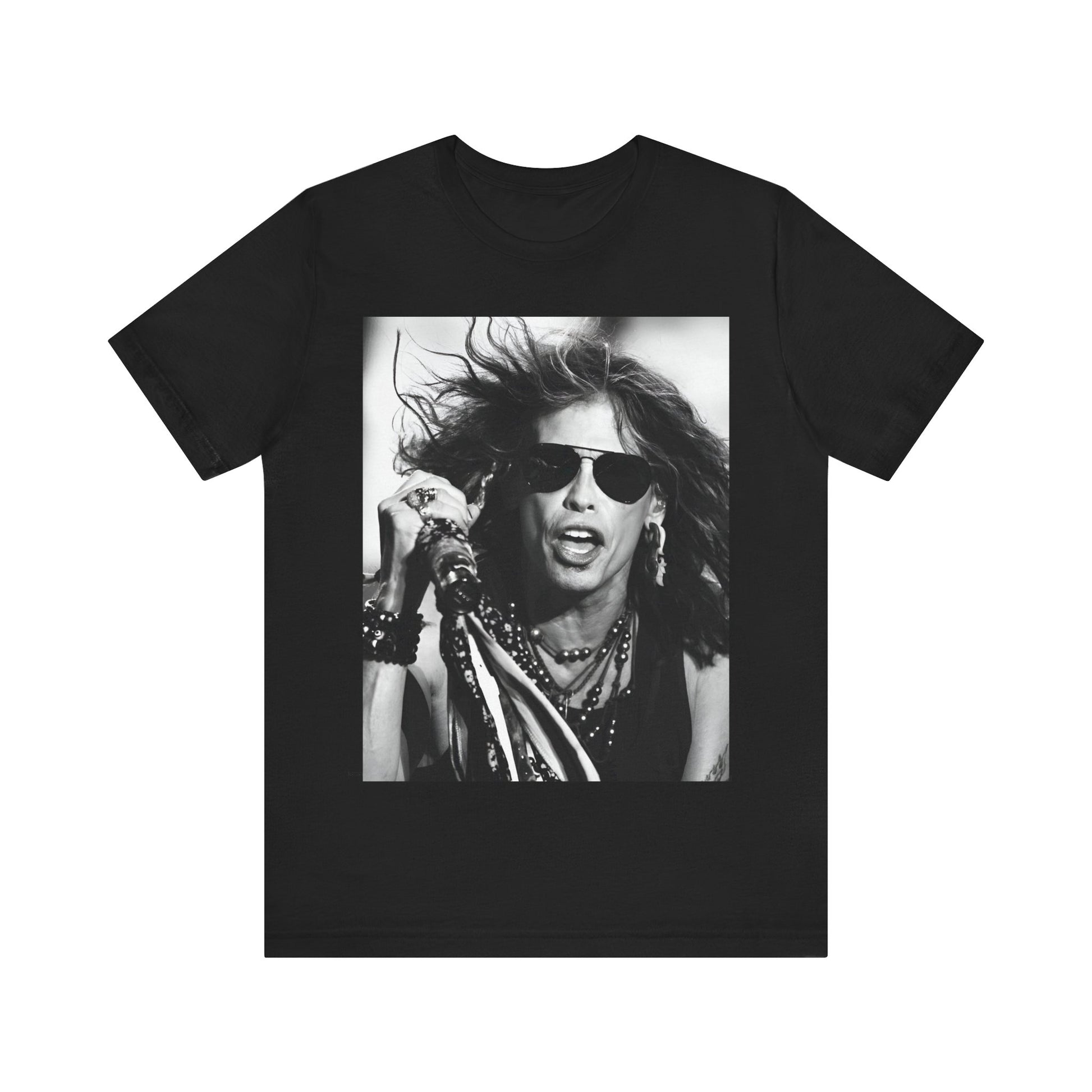 A black graphic t-shirt featuring a black and white photo of Aerosmith's Steven Tyler with his signature scarf and microphone, captured during a dynamic performance.