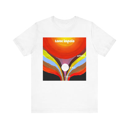 A black graphic t-shirt featuring a graphic inspired by Tame Impala's albums.