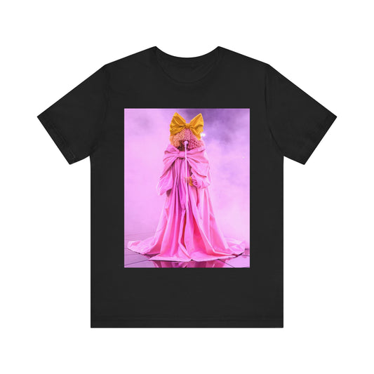 A black graphic t-shirt featuring a graphic related to Sia's 'Chandelier' song or live era.
