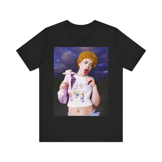 A black graphic t-shirt featuring a boxy rap graphic of Ice Spice with Bronx style elements.