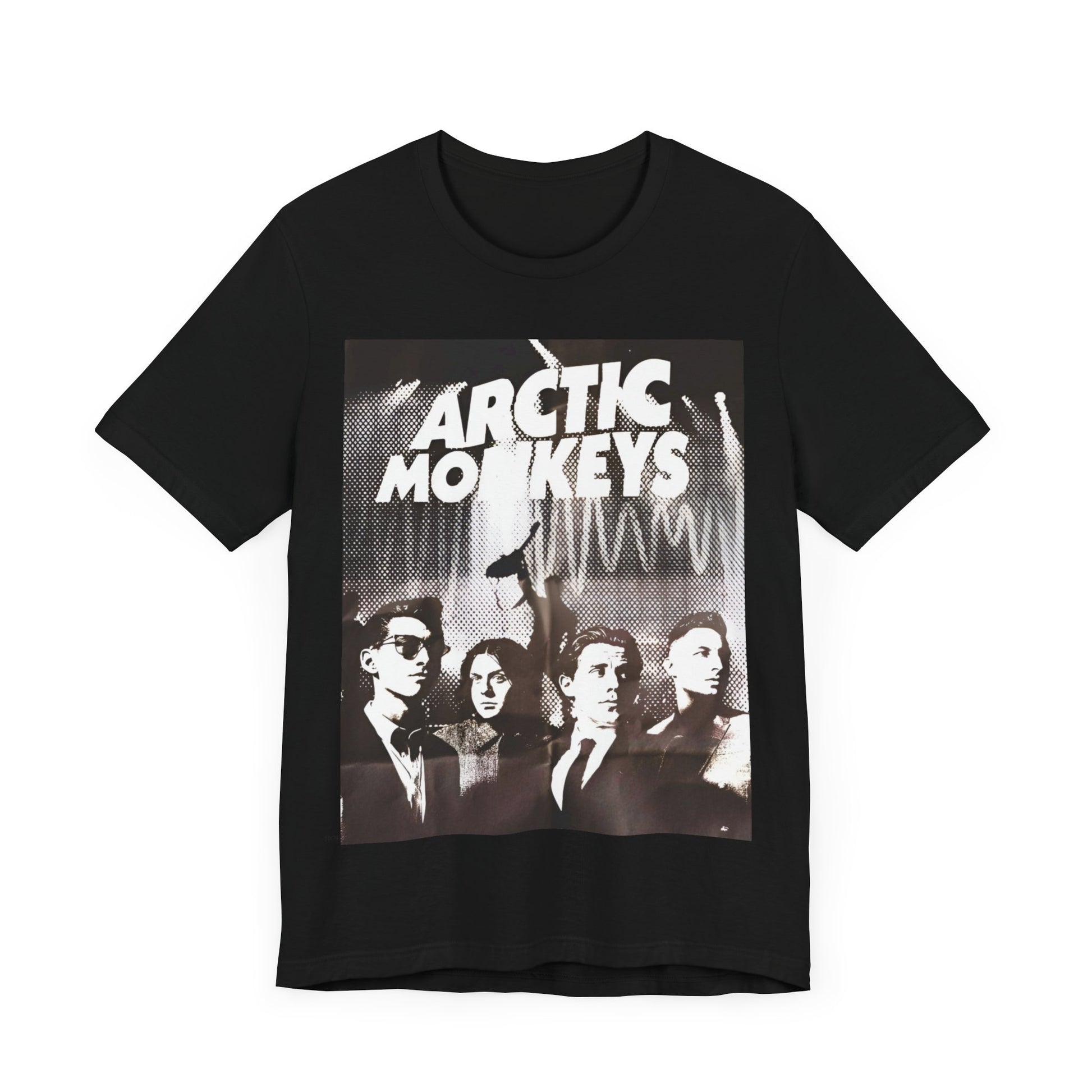 A black graphic t-shirt featuring a retro-style logo for the band Arctic Monkeys.