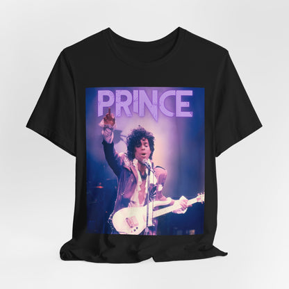 A black graphic t-shirt featuring a retro graphic related to Prince's 'Purple Rain' album era.