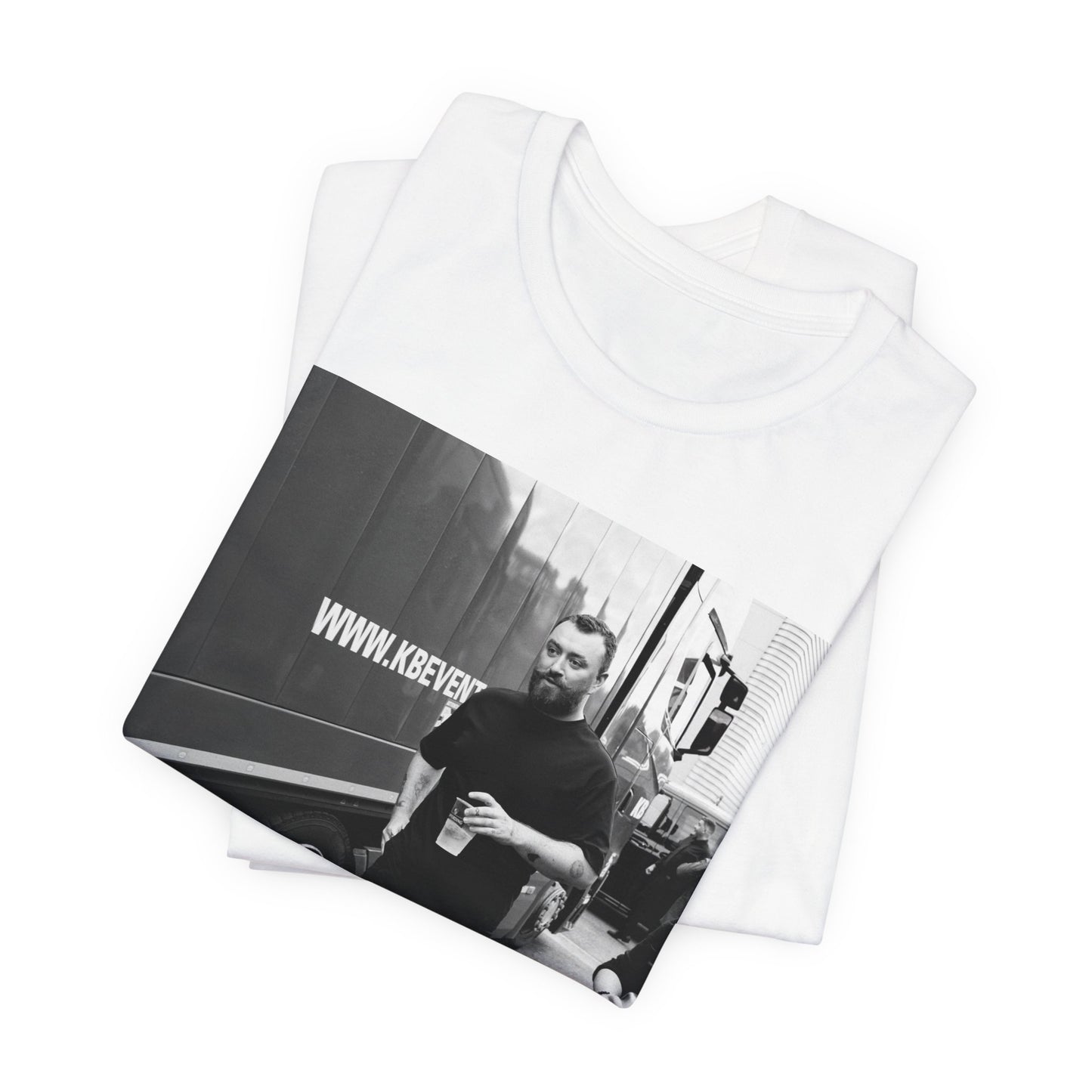 A black graphic t-shirt featuring a graphic or photo of Sam Smith in a backstage setting.