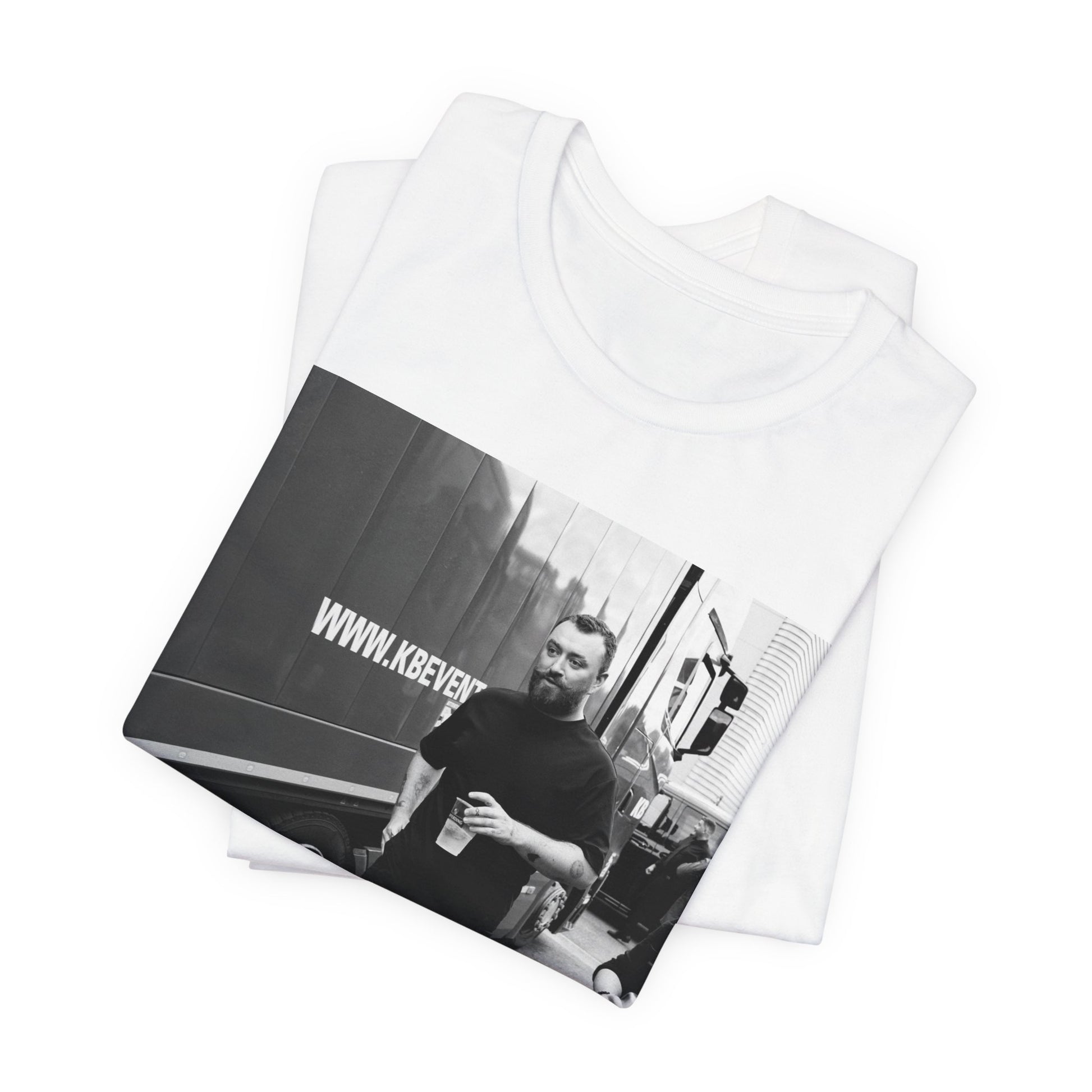 A black graphic t-shirt featuring a graphic or photo of Sam Smith in a backstage setting.