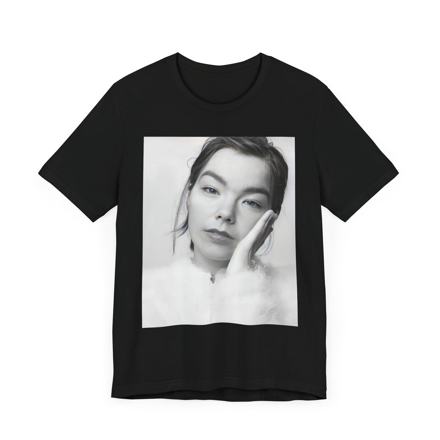 A black graphic t-shirt featuring a graphic related to Bjork's 'Post' album era, possibly with album art elements.