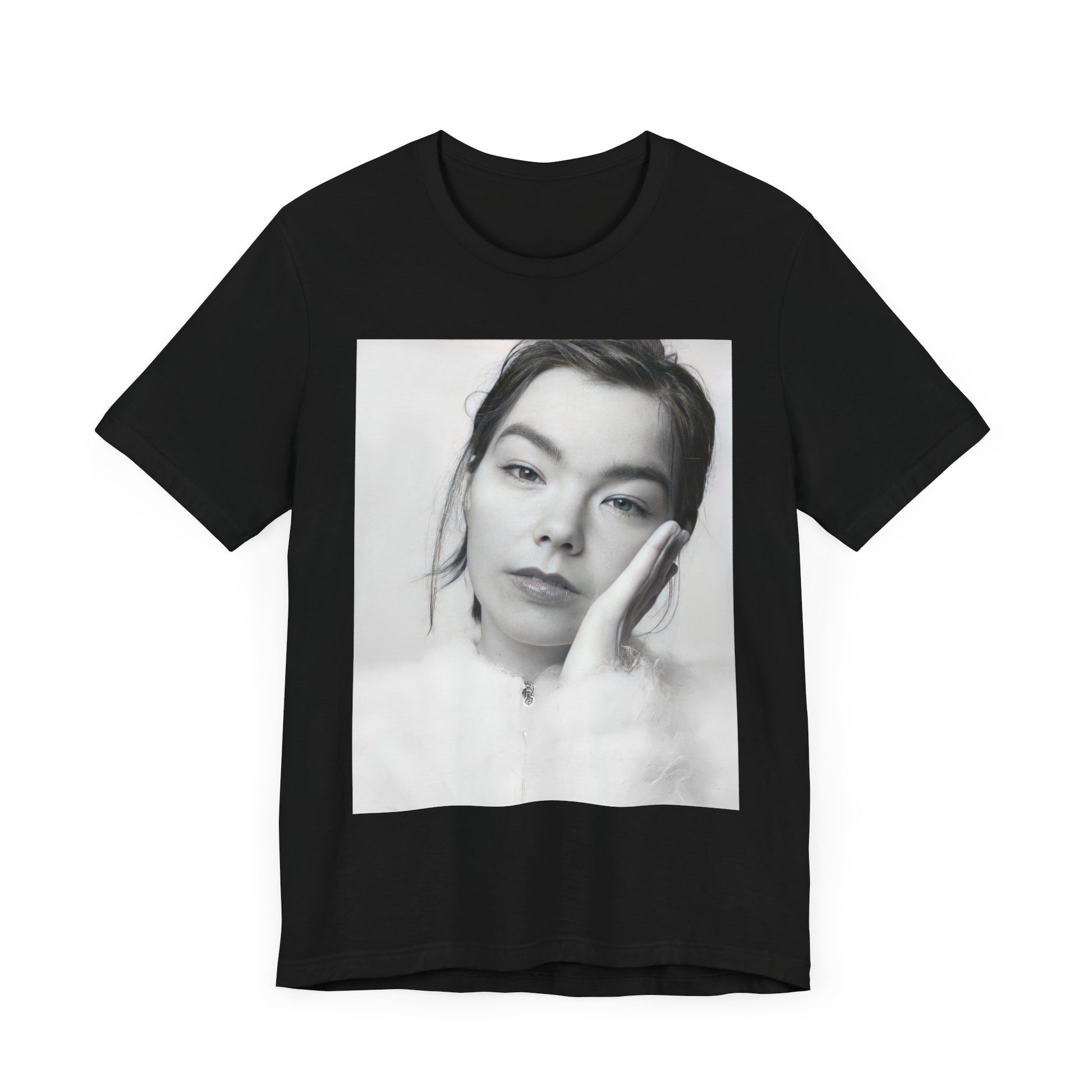 A black graphic t-shirt featuring a graphic related to Bjork's 'Post' album era, possibly with album art elements.