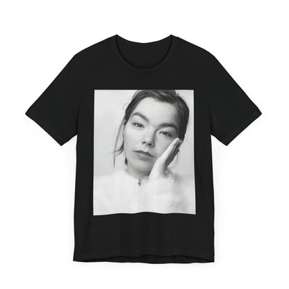 A black graphic t-shirt featuring a graphic related to Bjork's 'Post' album era, possibly with album art elements.