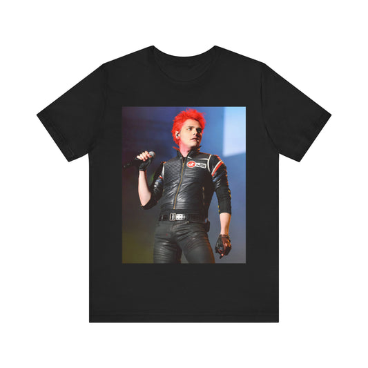 A black graphic t-shirt featuring a graphic related to My Chemical Romance's emo revival era.