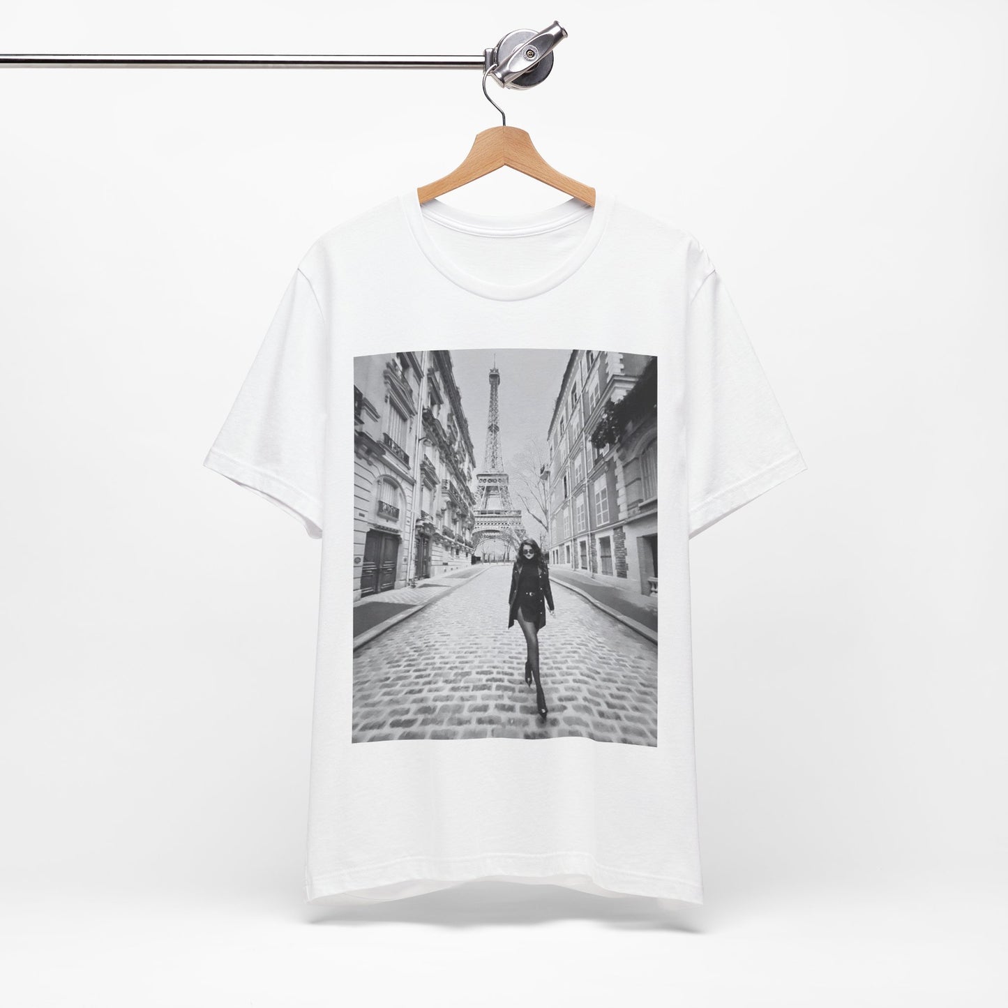 A black graphic t-shirt featuring a black and white photo of Selena Gomez in Paris.