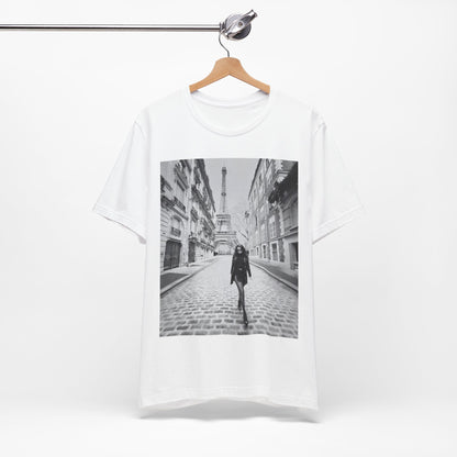 A black graphic t-shirt featuring a black and white photo of Selena Gomez in Paris.