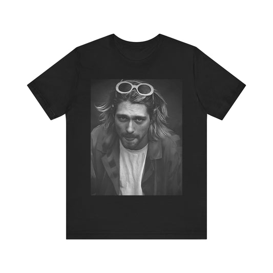 A black graphic t-shirt featuring a photo of Kurt Cobain from Nirvana wearing sunglasses.