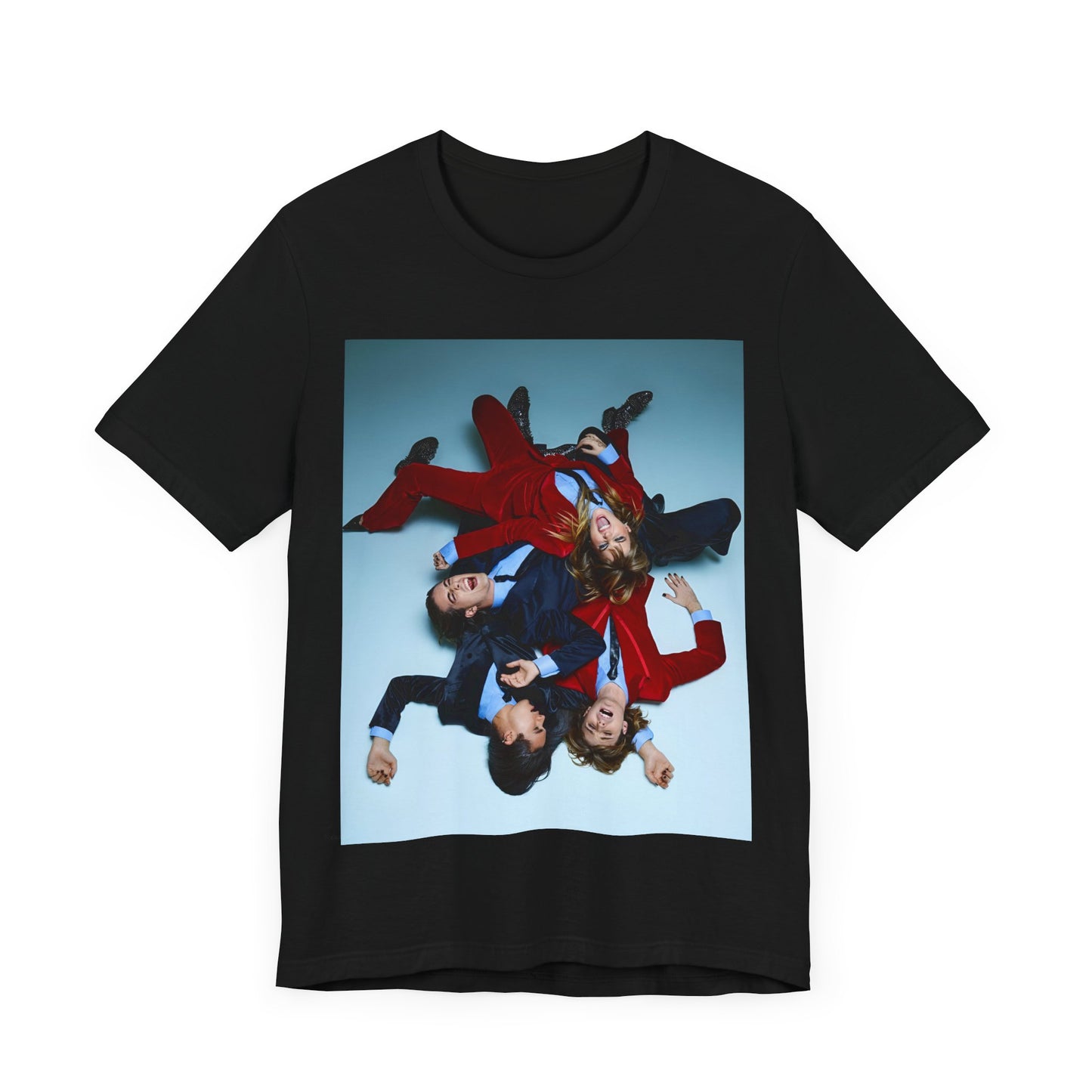 A black graphic t-shirt featuring a graphic of Maneskin in a 70s rock style aesthetic.