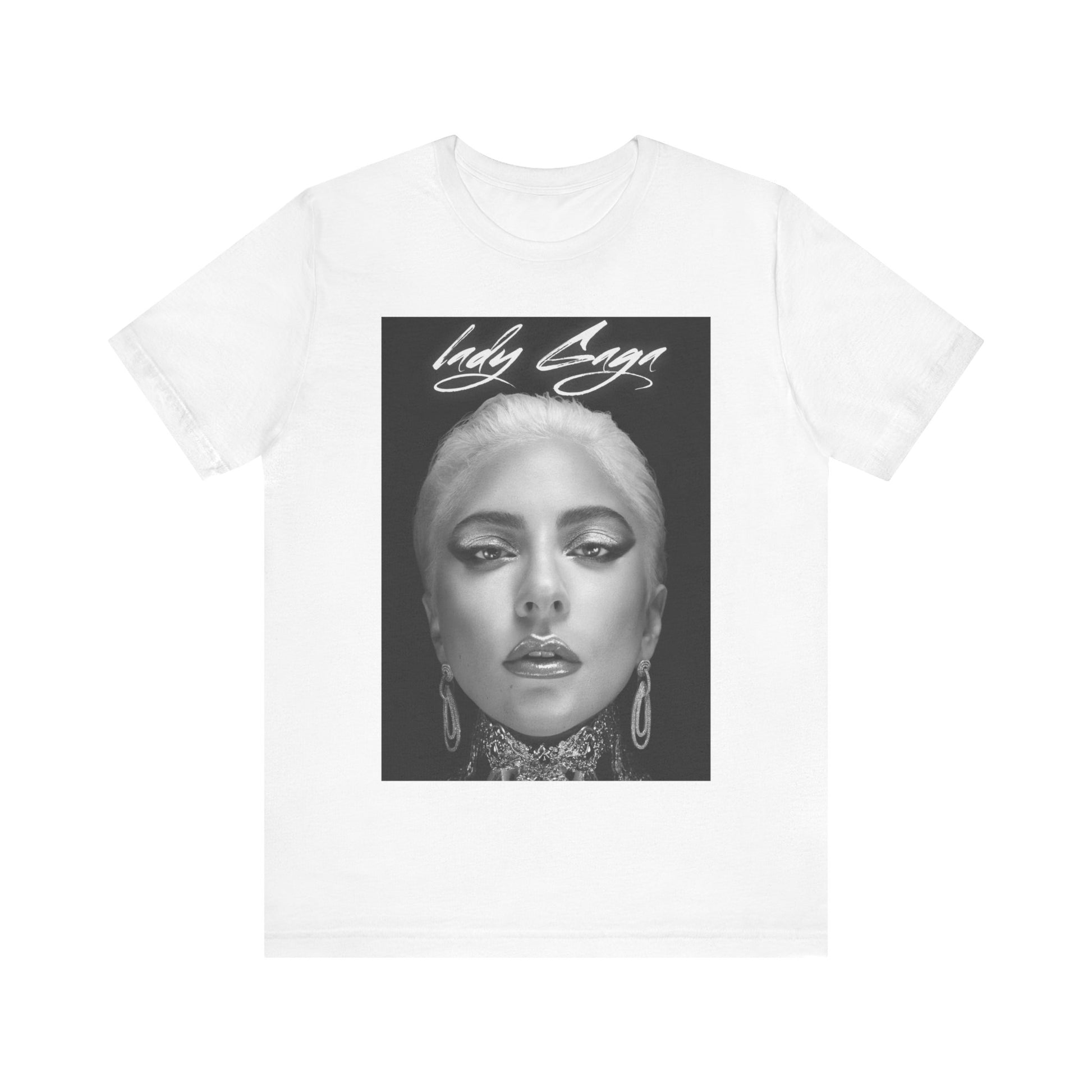 A black graphic t-shirt featuring a retro black and white monochrome graphic or photo of Lady Gaga.