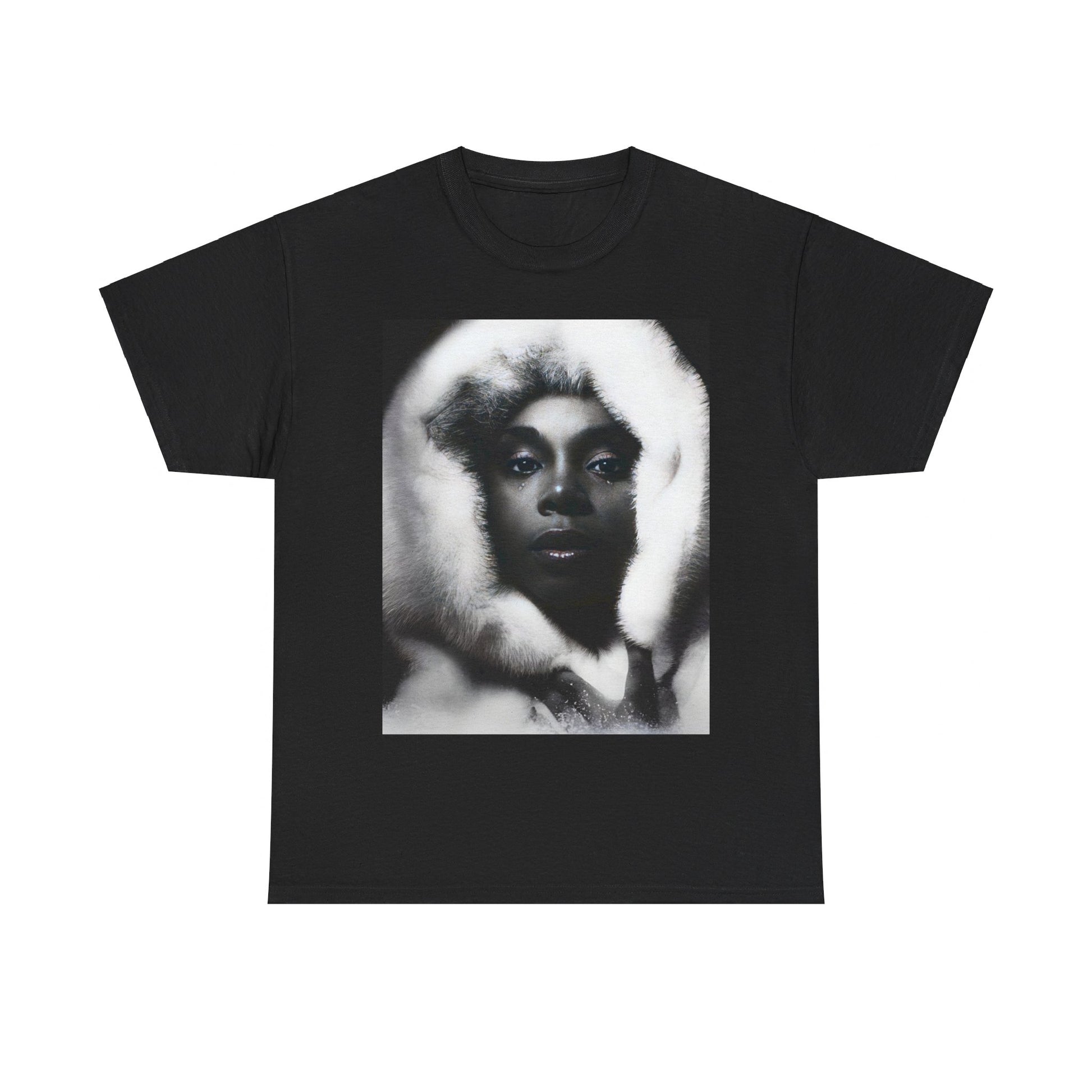 A black graphic t-shirt featuring a black and white, monochrome graphic or portrait of Donna Summer.