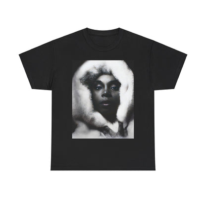 A black graphic t-shirt featuring a black and white, monochrome graphic or portrait of Donna Summer.