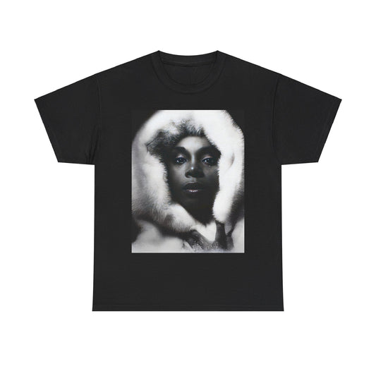 A black graphic t-shirt featuring a black and white, monochrome graphic or portrait of Donna Summer.