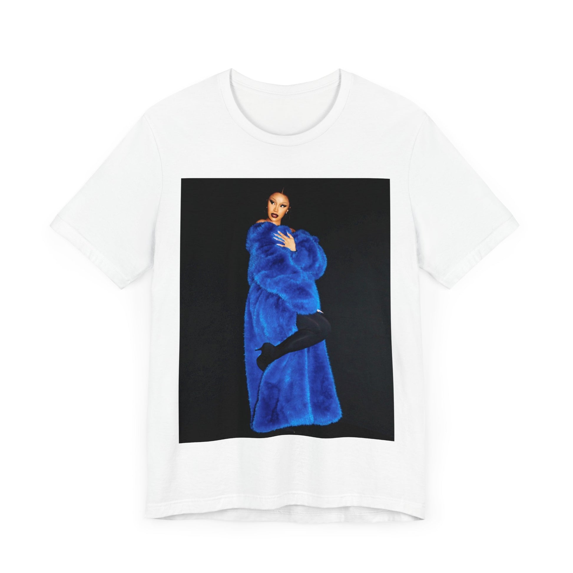 A black graphic t-shirt featuring a photo of Cardi B, possibly with blue velvet elements or a luxurious blue aesthetic.