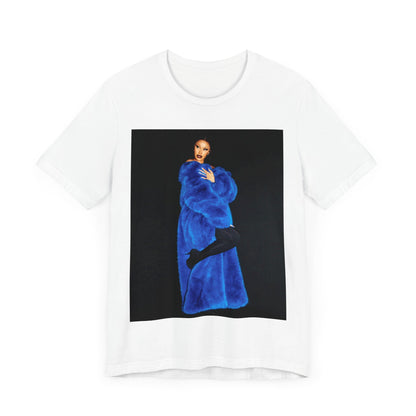 A black graphic t-shirt featuring a photo of Cardi B, possibly with blue velvet elements or a luxurious blue aesthetic.