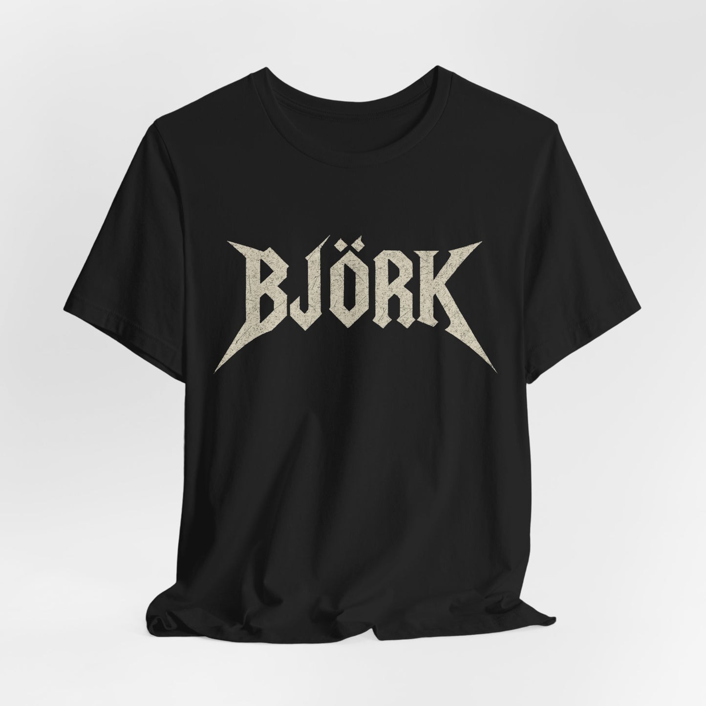 A black graphic t-shirt featuring the Bjork logo in a black and white, aesthetic style.