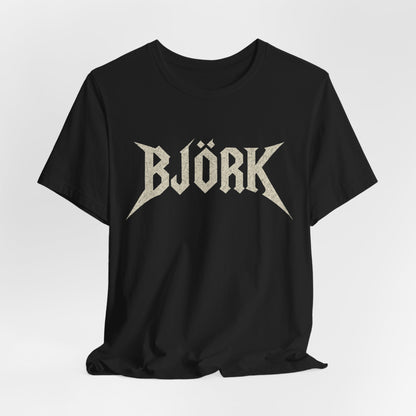 A black graphic t-shirt featuring the Bjork logo in a black and white, aesthetic style.