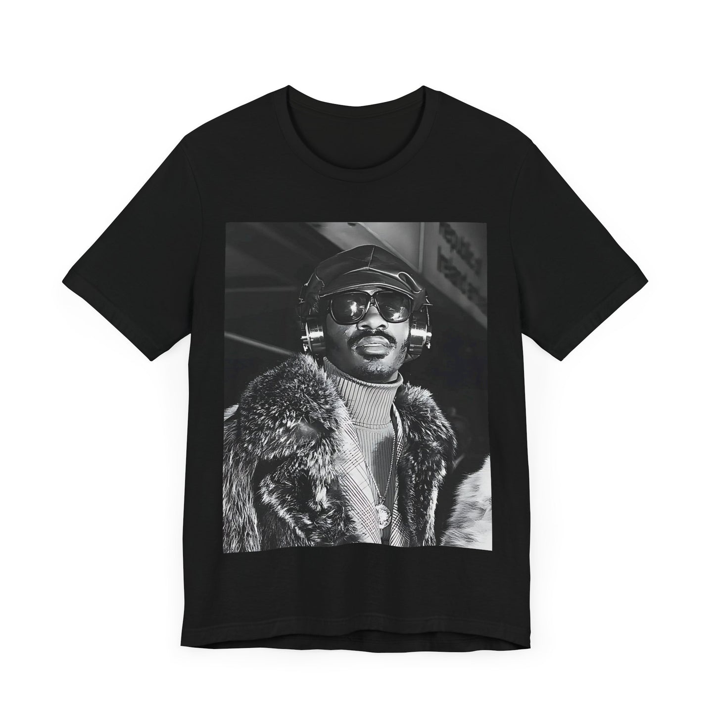A black graphic t-shirt featuring a 70s black and white graphic of Stevie Wonder as a Motown legend.
