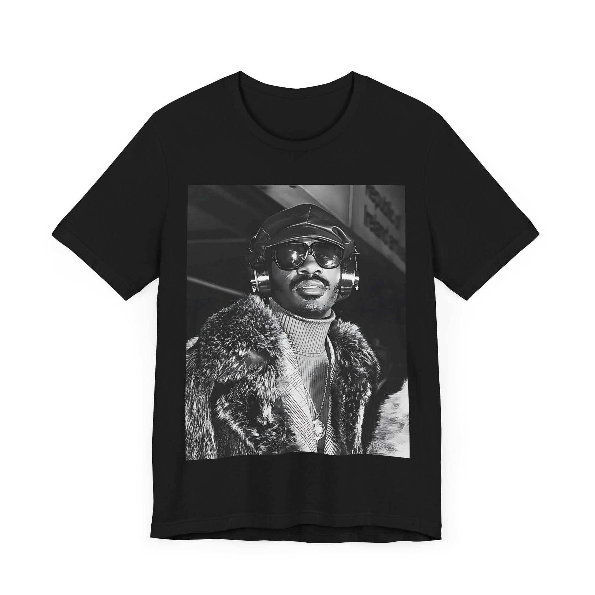 A black graphic t-shirt featuring a 70s black and white graphic of Stevie Wonder as a Motown legend.