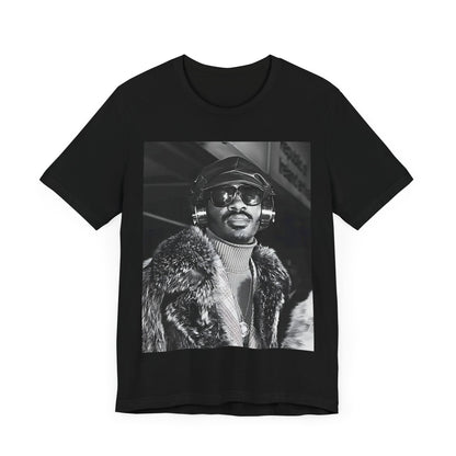 A black graphic t-shirt featuring a 70s black and white graphic of Stevie Wonder as a Motown legend.