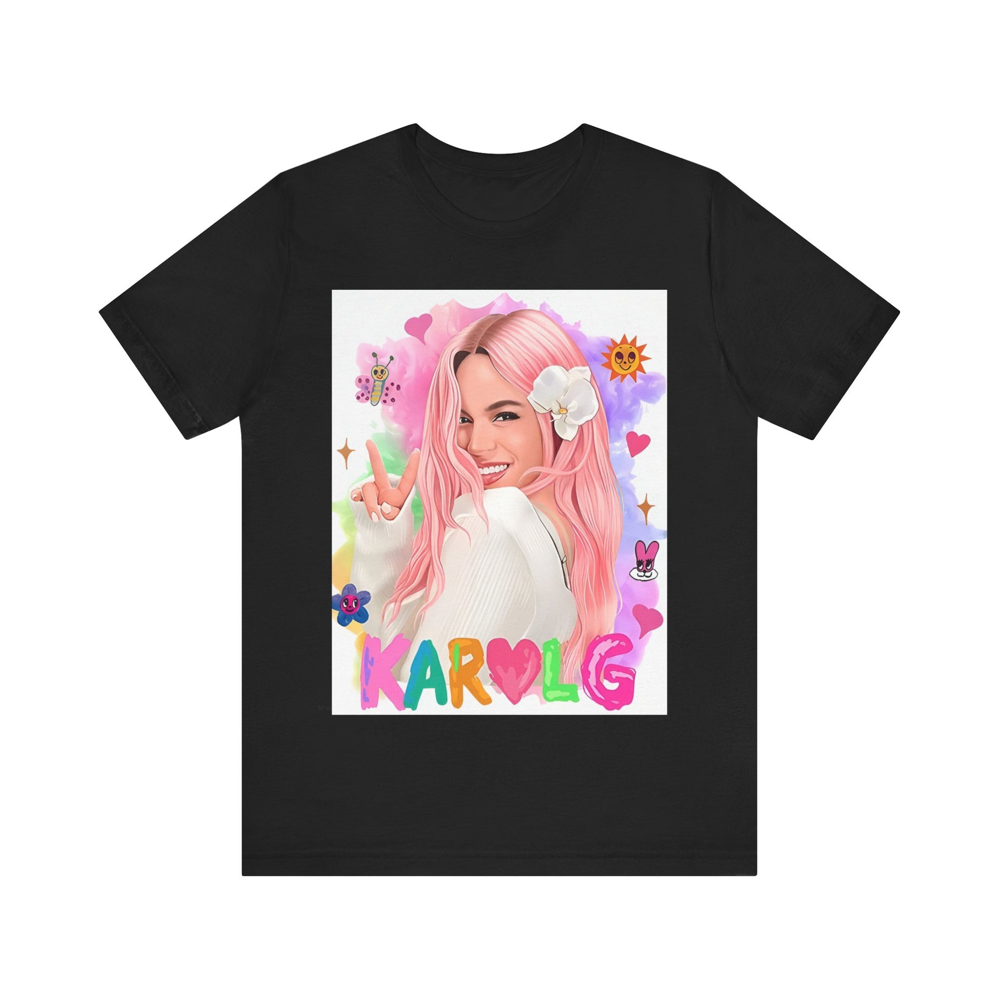 A black graphic t-shirt featuring a vintage graphic of Karol G, emphasizing her 'Bichota' persona.