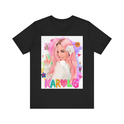 A black graphic t-shirt featuring a vintage graphic of Karol G, emphasizing her 'Bichota' persona.
