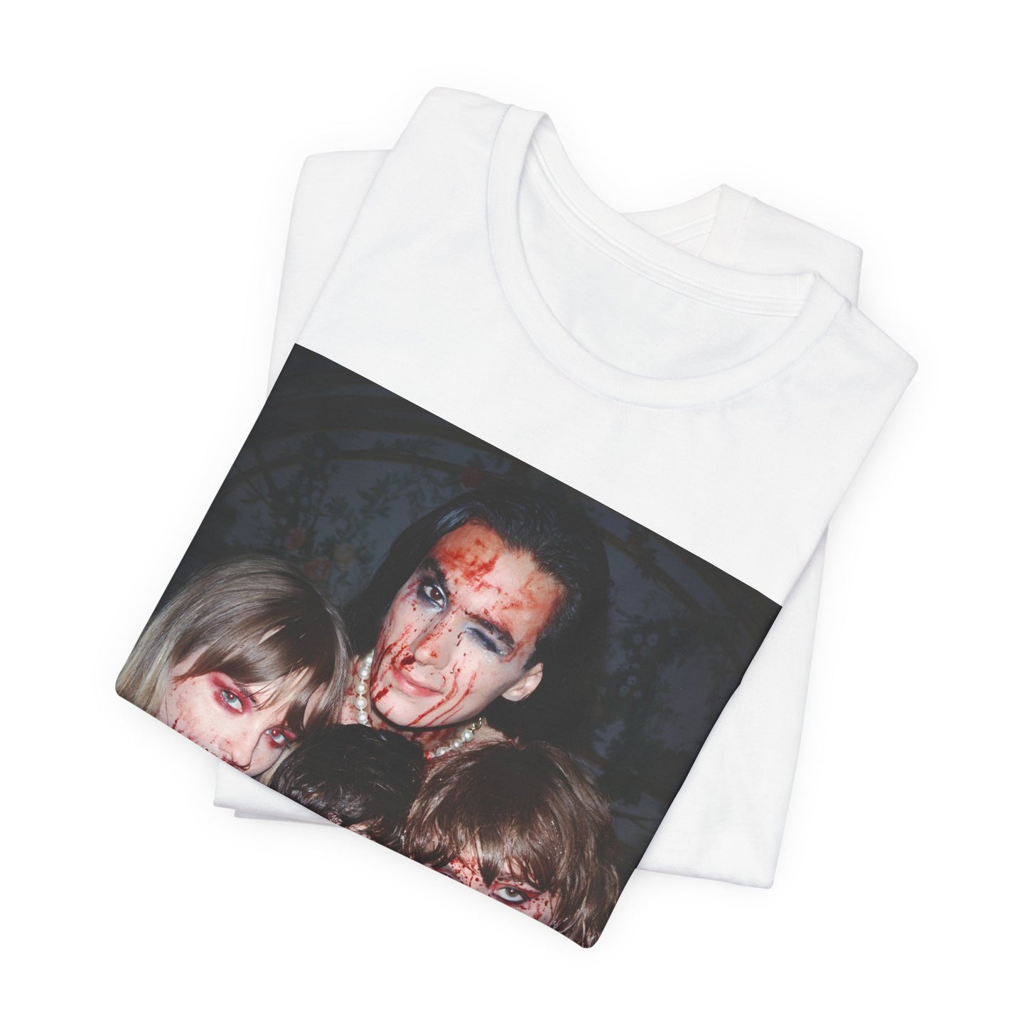 A black graphic t-shirt featuring a graphic of Maneskin celebrating their Eurovision win.