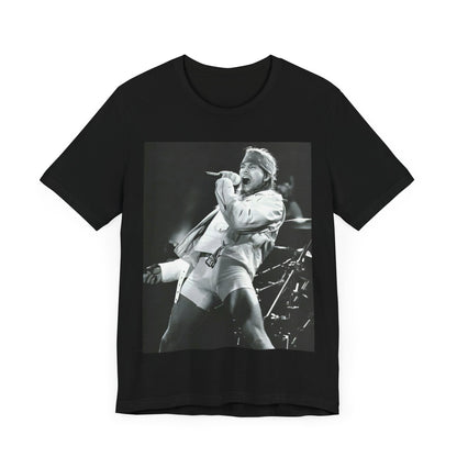 A black graphic t-shirt featuring a black and white graphic or photo of Axl Rose from Guns N' Roses performing on stage in the 90s.